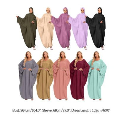 IDOPIP Abayas for Women Muslim Dress with Hijab, One-Piece Long Sleeve Islamic Prayer Dress with Khimar Jilbab Kaftan Clothes - color: Purple (1pc Dress Only)