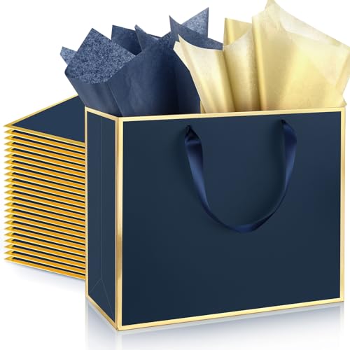 ReliThick 12 Pack Paper Gift Bag with Handles & Tissue, Navy Blue, Gold - color: Navy Blue, Gold