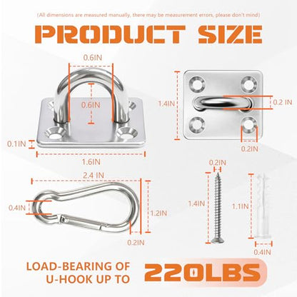 4Pcs M6 304 Stainless Steel Heavy Duty Pad Eye Plates w/Snap Hooks | Rustproof 304 SS Pad Eye Plates w/ Hooks, Heavy Duty for Indoor Outdoor Use, Fits Hammock Swing Yoga Sling Ceiling Mount - size: 4pk M6