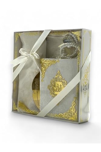SODEF Islamic Prayer Set: Quran, Zikirmatik, Pearl Prayer Beads, Bookmark & Prayer Rug - Gift Box - Cream, 5x7 inch