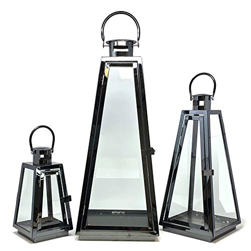 Allgala 3-PC Lantern Set 24 Inch Jumbo Deluxe Modern Indoor/Outdoor Candle Lantern Set Black Stainless Steel Tapered Trapezoid Frame with Tempered Glass for Garden Patio Fireplace Wedding - color: Taper Black