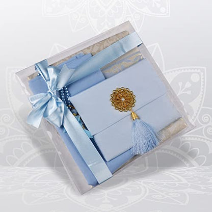BABY SHOWER CHOCOLATE Prayer Rug Islamic Gift Set, Velvet Prayer Mat, Prayer Beads, Scarf and Yaseen Book, Perfect Family and Muslim Eid Gifts (Blue) - color: Blue