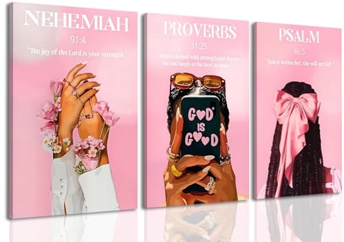 DAXINGJ Pink Christian Wall Art Set of 3, Black Girl Framed Prints | 12x16 Inch Canvas Art, Bible Verse Prints, Ready to Hang, Fade-Resistant, Pink Bedroom Living Room Decor - color: Pink Black Woman Bible, size: 16"L x 12"W