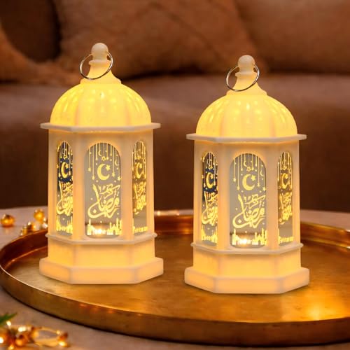 LED Ramadan Lanterns Decorations, Eid Decorations for Home and Table, Small Ramadan Lights with Hanging Rings, Moon & Star Eid Decor, Islamic Home Decor & Muslim Eid Gift (2 Pack) - color: White