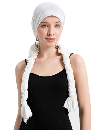 ZLYC Chemo Headwear Long Pre Tied Head Scarf Beanie for Women - color: Braid Solid White