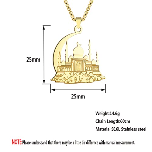 Mosque With Crescent Pendant Necklace For Women Men Muslim Jewelry 316L Stainless Steel Islamic Necklace - color: Silver