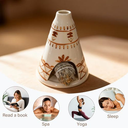 MOUGIGI Handcrafted Palo Santo Holder Ceramic Chimney Incense Burner - Tent Shape - Safe for Palo Santo Sticks Sage & Incense Cones for Meditation Yoga Zen Altar Aromatherapy - Thoughtful Gift Idea - color: Tent Palo Santo Holder