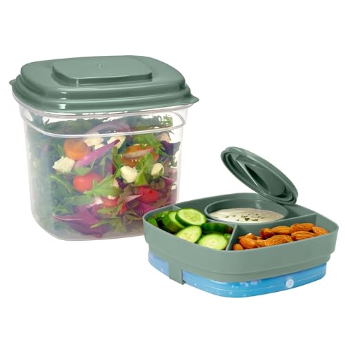 Rachael Ray Salad Container For Lunch, Salad Lunch Container For Adults, Salad Bowl Kit With Compartments For Salad Dressing & Toppings, Includes Ice Pack - color: Deluxe Salad Set, Green