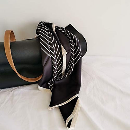 FONYVE Silk Feeling Scarf Medium Square Satin Head Scarf for Women 27.5 × 27.5 inches - color: 07 Stripe Black