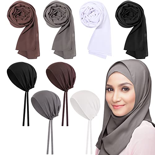 4 Pcs Women Chiffon Scarves 4 Pcs Hijab Caps Long Shawl Soft Wrap Scarves Islamic Muslim Underscarf Turban Caps Sleep Hats - color: Retro Colors