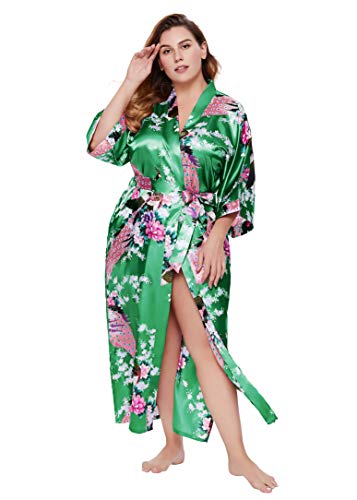 BABEYOND Women's Kimono Robe Long Satin Robes with Peacock and Blossoms Printed Kimono Nightgown - color: Green, size: One Size Plus