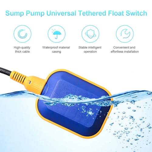 Sump Pump Universal Tethered Float Switch AC 15A 110~250V Piggyback Style Plug with 10 Feet Cord, Used in Sewage Pump, Water Tank, Septic Tank Pump, etc. | Piggyback Style Plug, with 10 Feet Cord, Used in Sewage Pump, Water Tank, Septic Tank Pump, etc. -