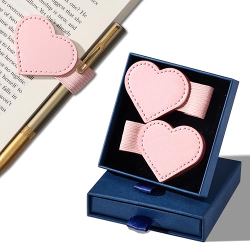 2Pcs Magnetic Leather Bookmarks with Gift Box Heart-Shaped Magnetic Pen Holder Book Marks Clip Gift for Book Lover Readers Cute Bookmark for Women, Pink - color: Pink
