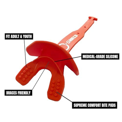 O Shield Striker Football Lip Guard with Permanent Strap | Football Lip Guard with Permanent Strap — Front Teeth, Lip, and Full Bite-Surface Coverage, No-Boil Ready Fit - color: Orange