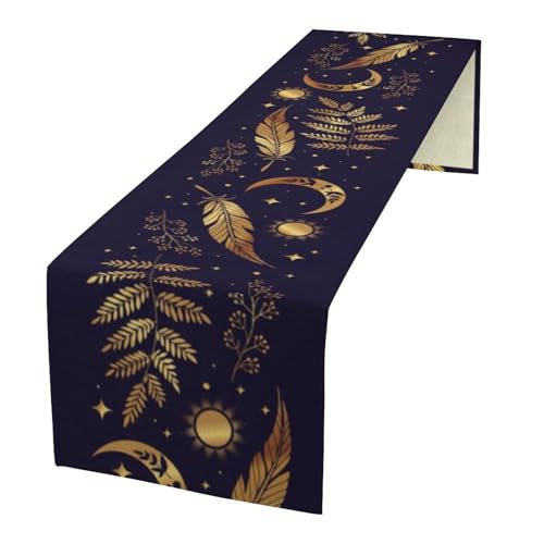 Bohemian Sun Moon Table Runner, Vintage Mystic Celestial Golden Tarot Key Magic Moon Stars Floral Plants Leaves Table Runner for Kitchen Holiday Dining Wedding Outdoor 13x36in - color: Moon-1, size: W13''xL36''