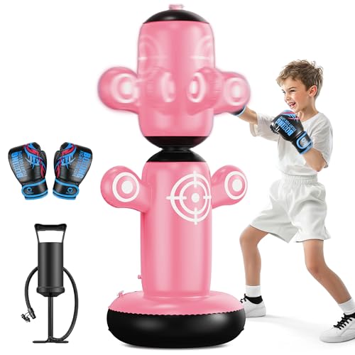 QPAU 360° Rotatable Punching Bag for Kids, Lager 64” Kids Punching Bag with Gloves, Hand Pump & 6 Targets, Bop Bag Inflatable Punching Toy, Karate Gifts for Boys, Girls - color: Pink