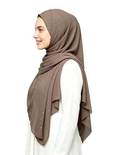 Lina & Lily Sparkle Shimmer Gold Glitter Women's Chiffon Hijab Head Scarf Shawl Wrap Lightweight - color: Khaki