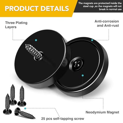 E BAVITE Strong Neodymium Magnets with Screws Black, 25 Pack | 110 Lbs Rare Earth Magnets with Heavy Duty, Cup Magnet with Countersunk Hole and Stainless Screws for Kitchen, Craft, Office - color: Black, size: 32mm-25P