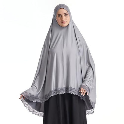 Prlemend 여성용 무슬림 히잡 두바이 실크 스카프 레이스 헤드 랩 스카프 단색 숄 | Milk Silk Fabric, Lace Edge - color: 회색., size: X-Large