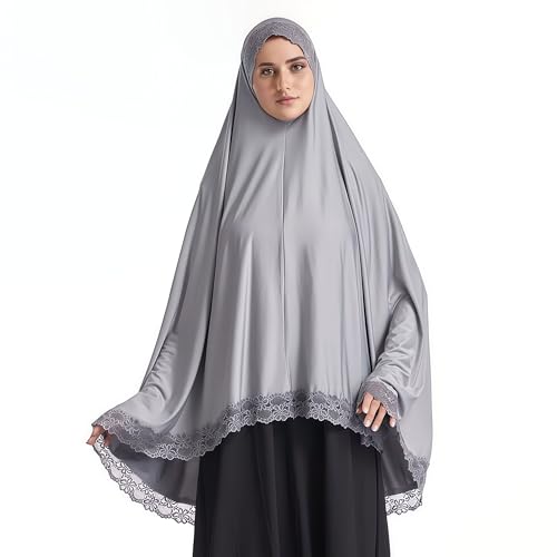 Muslim Hijab for Women Silk Scarf Lace Head Wrap Solid Color Scarves - color: Grey, size: Large