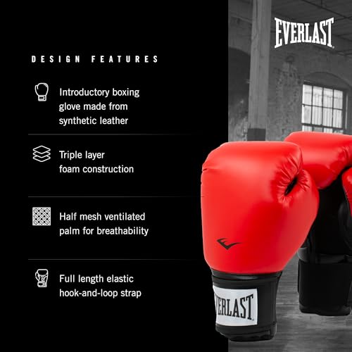 Everlast Prostyle 2 Boxing Gloves, Entry Level Training Gloves for Men and Women, Secure Fit Hook and Loop Closure & Ventilation, Heavy Bag & Speedbag Training - color: Red, size: 16 oz