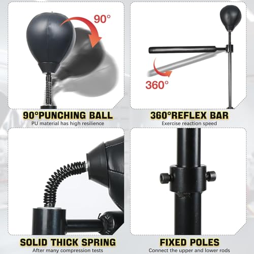 Spinning Boxing Bar 360° Speed Trainer with Two Ball, Punching Bag, Training Boxing Ball with Reflex Bar Free Standing, Adjustable Height, for Adult