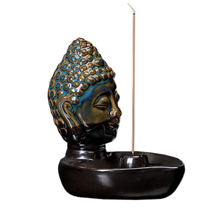 Buddha Head Incense Holder for Sticks, Small Ceramic Incense Burner Healing, Meditaiong, Zen, Timer of Spa or Yoga, with Ash Catcher (Blue) - color: Blue