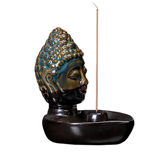 Buddha Head Incense Holder for Sticks, Small Ceramic Incense Burner Healing, Meditaiong, Zen, Timer of Spa or Yoga, with Ash Catcher (Blue) - color: Blue
