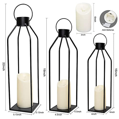 HPC Decor 55.9cm(22인치) 48.3cm(19인치) 48.6cm(16인치) 랜턴 장식, 깜박이는 타이머 캔들 포함 - 톨 라지 블랙 메탈 캔들 랜턴 3개 세트 - 실내, 실외, 탁상, 현관을 위한 현대적인 농가 장식 (유리 없음) - size: 22inch,19inch and 16inch（Black）
