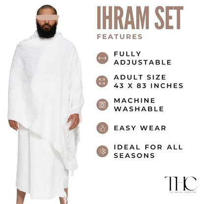 Men's Ihram for Hajj & Umrah - Sweat Absorbent, Comfortable, Fully Opaque, 2-Piece Ihram Set, Ehram Ahram 43 x 83 Inches, Ideal for Muslim Men, White