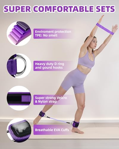 Resistance Bands Set – Resistance Band and Adjustable Ankle Exercise Bands with Cuffs Great Equipment for Training, Working Out, Yoga,Home Gym with Training Guidance & Carry Bag,Set of 8 - color: Purple