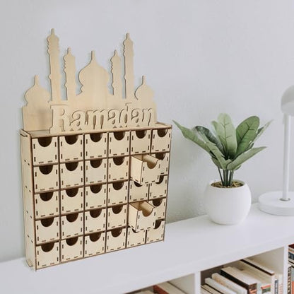 Luxshiny Wooden Advent Calendar Eid Mubarak Ramadan Table Decor Unique Home Craft for Festive Countdown for