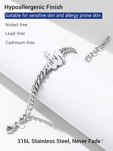 PROSTEEL Allah Bracelet, Muslim Islamic Jewelry Religious Islam Arabic God Charm Stainless Steel Beads Chain Bracelet, fits wrist from 5.9'' to 7.9'', Come with Box - color: 02 silver-cuban chain