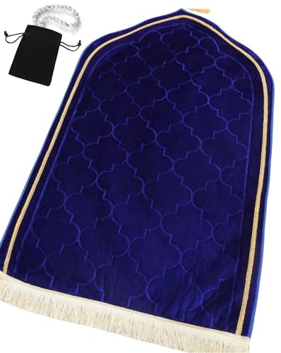 Islamika Prayer Mat Islamic Muslim Rug - Thick Padded mat Sajadah Men Women with Islam Prayer Beads for Eid Travel Ramadan, Soft and Padded (Blue) - color: Blue