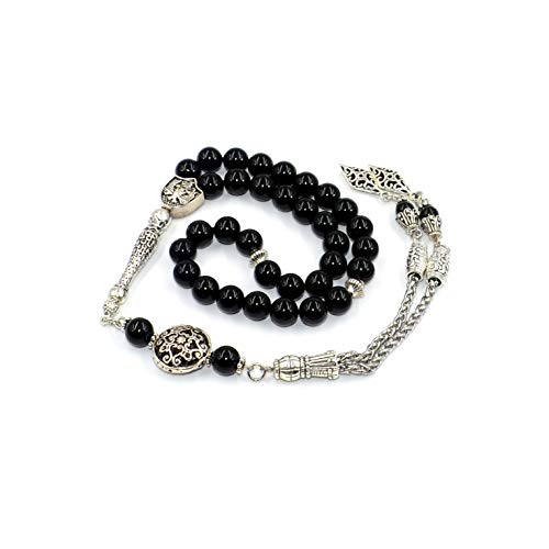 Design - Long & Stylist Tassels Worry Beads - Prayer Beads (8 mm-33 Beads) Tesbih-Tasbih-Tasbeeh-Misbaha-Subha-Sebha-Sibha-Rosary (Shiny Natural Round Agate Stone) - color: Shiny Natural Round Agate Stone