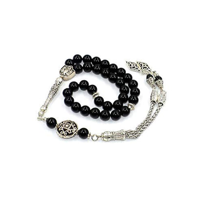 Design - Long & Stylist Tassels Worry Beads - Prayer Beads (8 mm-33 Beads) Tesbih-Tasbih-Tasbeeh-Misbaha-Subha-Sebha-Sibha-Rosary (Shiny Natural Round Agate Stone) - color: Shiny Natural Round Agate Stone
