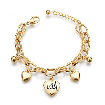 ZKXXJ Allah Bracelet for Women Teen,Muslim Islamic Link Bracelet with Heart Charm Jewelry Islam Arabic God Charm Stainless Steel 2 Layers Chain Bracelet,Adjustable - color: Gold
