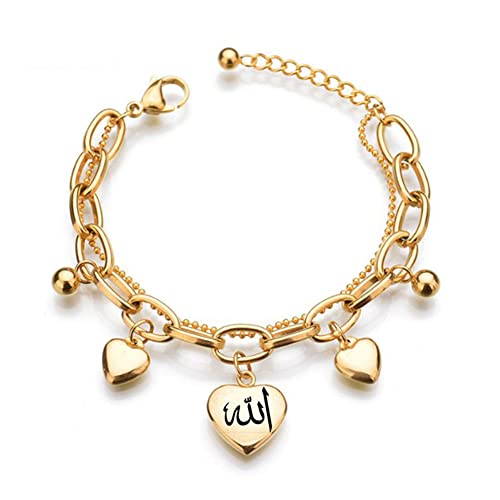ZKXXJ Allah Bracelet for Women Teen,Muslim Islamic Link Bracelet with Heart Charm Jewelry Islam Arabic God Charm Stainless Steel 2 Layers Chain Bracelet,Adjustable - color: Gold