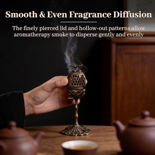 Incense Burner, Brass Alloy Incense Holder Hollow-Out Carving Bakhoor Burner with Meditation, Yoga, Home Office Decor for Spiritual Gifts (6.5 Inch Tall)