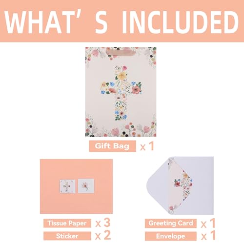 Qirrmiy 13" Large Light Yellow Floral Gift Bag Set with Greeting Card and Tissue Papers for First Communions, Baby Girl Baptisms, Christenings, Religious Occasions - 10.2'x5.2'x13', 1 Pcs. - color: (13'' Large)Light Yellow