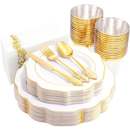 NOCCUR 175PCS Gold Plastic Plates with Disposable Silverware - White Gold Plastic Tableware Include 25 Dinner /25 Dessert Plates, 75 Cutlery, 25 Cups, 25 Napkins - Ideal for Party/Wedding - color: Gold White, size: 175 Pieces (25 Guests)