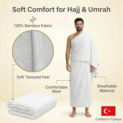 Modefa Islamic Men's Ihram for Umrah Men - Hajj Umrah Essentials - Ehram Ahram for Hajj 2 Piece Set - Seamless Viscose Made from Bamboo + Cotton Ihram Towel Set 110 x 220cm (Combo: 5 Piece) - color: Combo: 5 Piece
