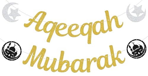 Aqeeqah Mubarak Banner - Eid Party Decorations - Muslim Islam Eid Festival Party Supplies Gold - size: Aqeeqah Mubarak