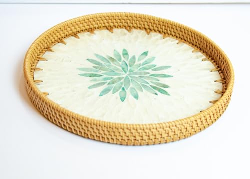 Magenta & Teal Round Rattan Serving Tray with Mother of Pearl Inlay, Wicker Coffee Table Decor, Farmhouse Style (Silver Green Flower) - color: Silver Green Flower