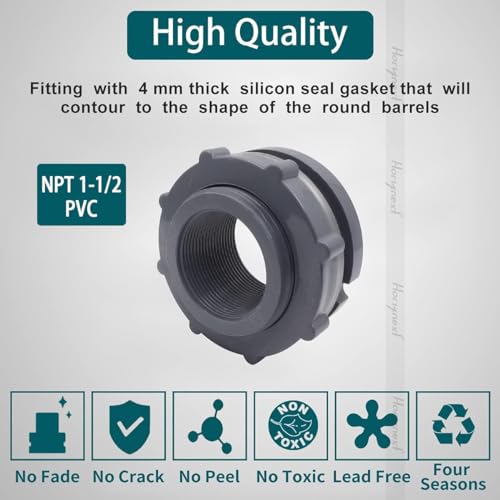 1-1/2" Bulkhead Fitting, PVC Pipe Connector, Female NPT, 1 Pcs | Seal gasket & plumber's tape included; mounts through a 2-1/2 in hole for rain barrels, aquariums, ponds, pools & irrigation - size: NPT1-1/2