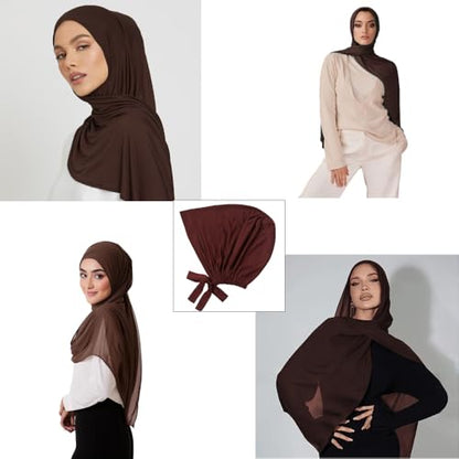 Women Under Scarf Hat Hijab Undercap Islamic Muslim Under Scarf Hijab Cap with Tie-Back Closure - color: Khaki+coffee