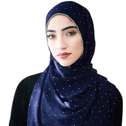 Hijab Scarf for Women Soft Chiffon Rhinestone Long Scarf Shawl Fashion Muslim Hijab Head Wrap Scarves - color: Navy