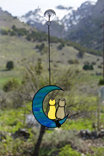 Cat Stained Glass Suncatcher, Cat on Moon Window Hanging Decor - color: Cats and Moon