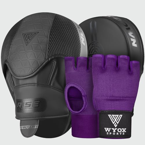 WYOX Boxing Hand Wraps Inner Gloves & Curved Focus Mitts Bundle for Men & Women Adults – 80cm Wrist Support, Gel Padding, MMA Muay Thai Kickboxing Training Gloves & Pads