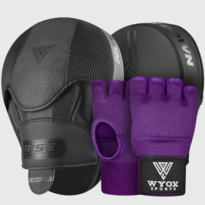 WYOX Boxing Hand Wraps Inner Gloves & Curved Focus Mitts Bundle for Men & Women Adults – 80cm Wrist Support, Gel Padding, MMA Muay Thai Kickboxing Training Gloves & Pads